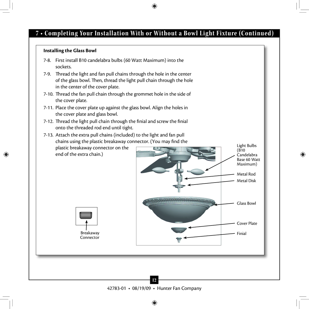 Hunter Fan 42783-01 installation manual Installing the Glass Bowl 