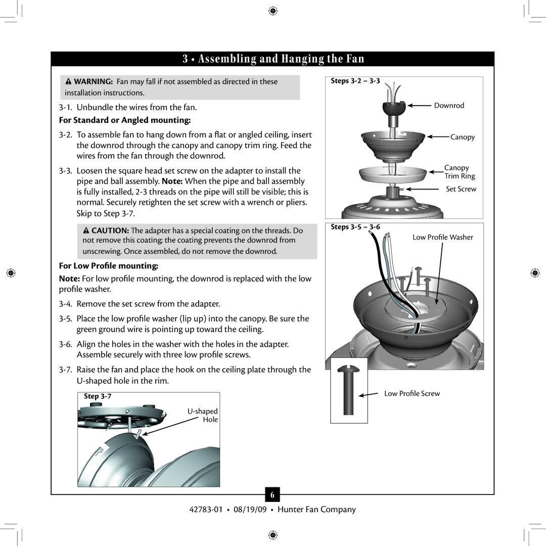 Hunter Fan 42783-01 Assembling and Hanging the Fan, For Standard or Angled mounting, For Low Profile mounting 