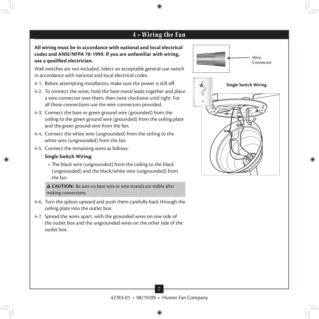 Hunter Fan 42783-01 installation manual Wiring the Fan, Single Switch Wiring 