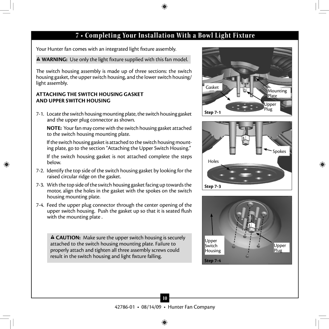 Hunter Fan 42786-01 installation manual Completing Your Installation With a Bowl Light Fixture 