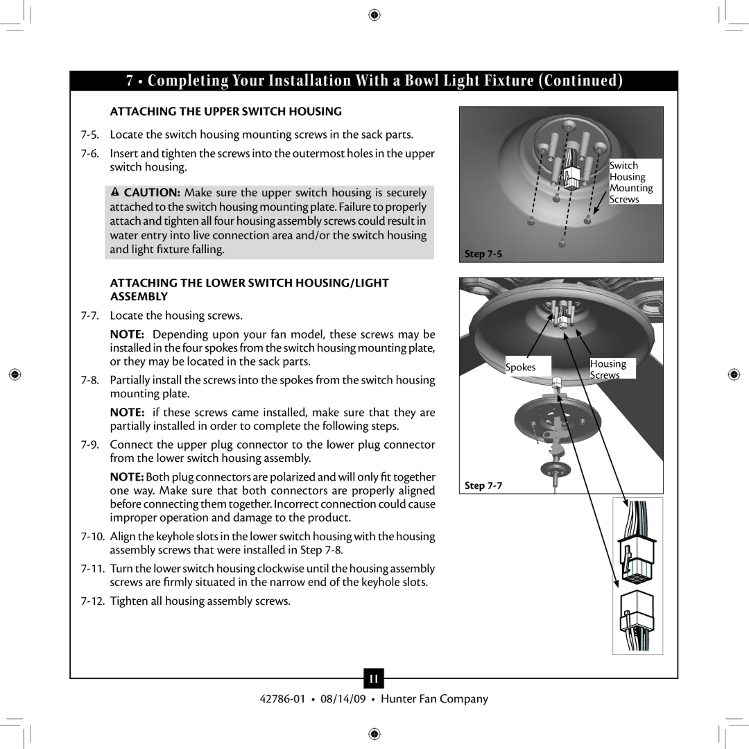 Hunter Fan 42786-01 installation manual Attaching the Upper Switch Housing 