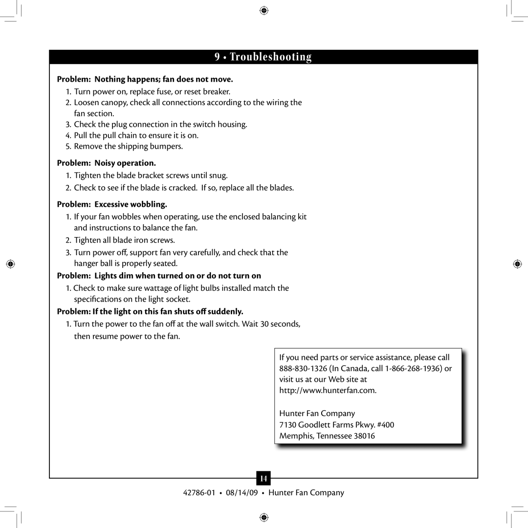 Hunter Fan 42786-01 installation manual Troubleshooting 