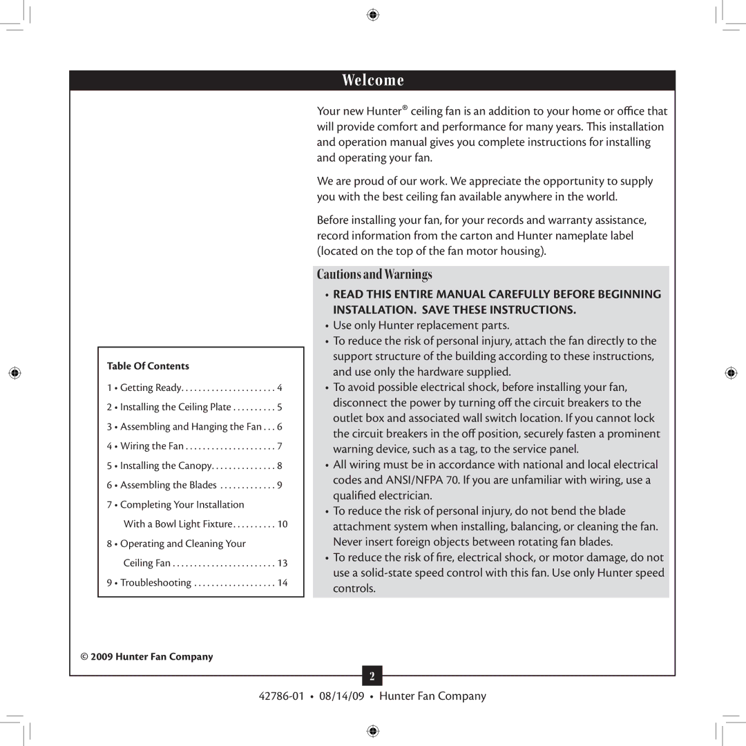 Hunter Fan 42786-01 installation manual Welcome 