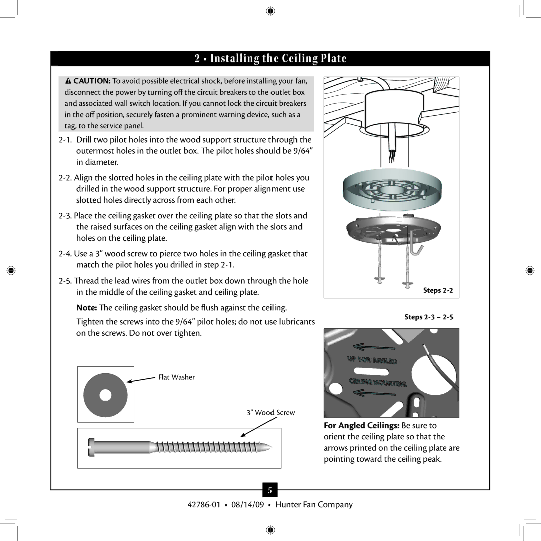 Hunter Fan 42786-01 installation manual Installing the Ceiling Plate 