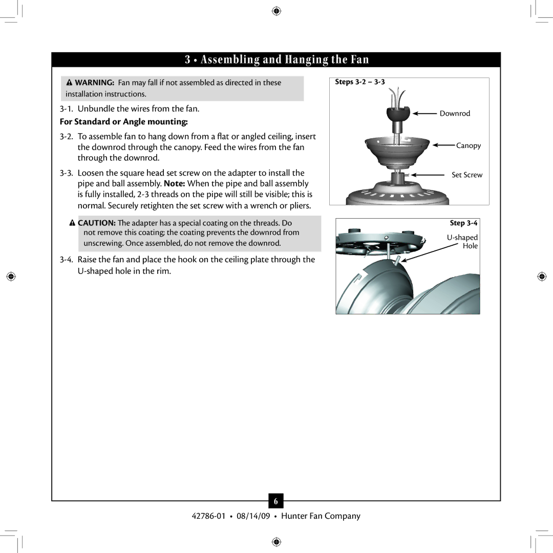 Hunter Fan 42786-01 installation manual Assembling and Hanging the Fan, For Standard or Angle mounting 