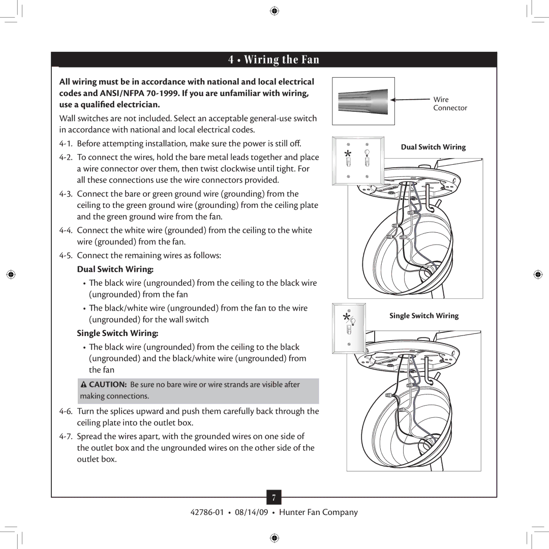 Hunter Fan 42786-01 installation manual Wiring the Fan, Dual Switch Wiring, Single Switch Wiring 