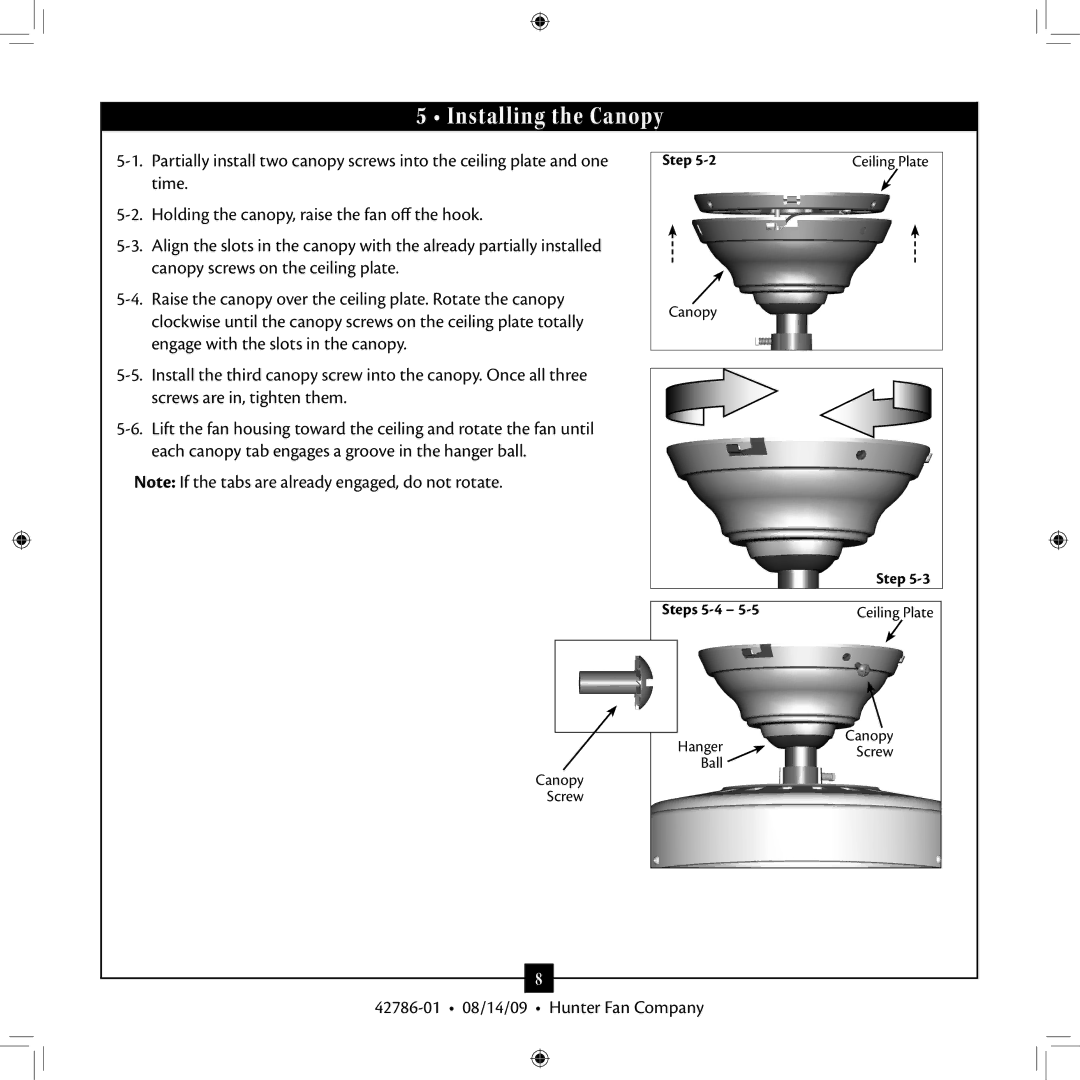 Hunter Fan 42786-01 installation manual Installing the Canopy 