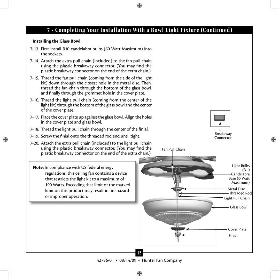 Hunter Fan 42786-01 installation manual Installing the Glass Bowl 