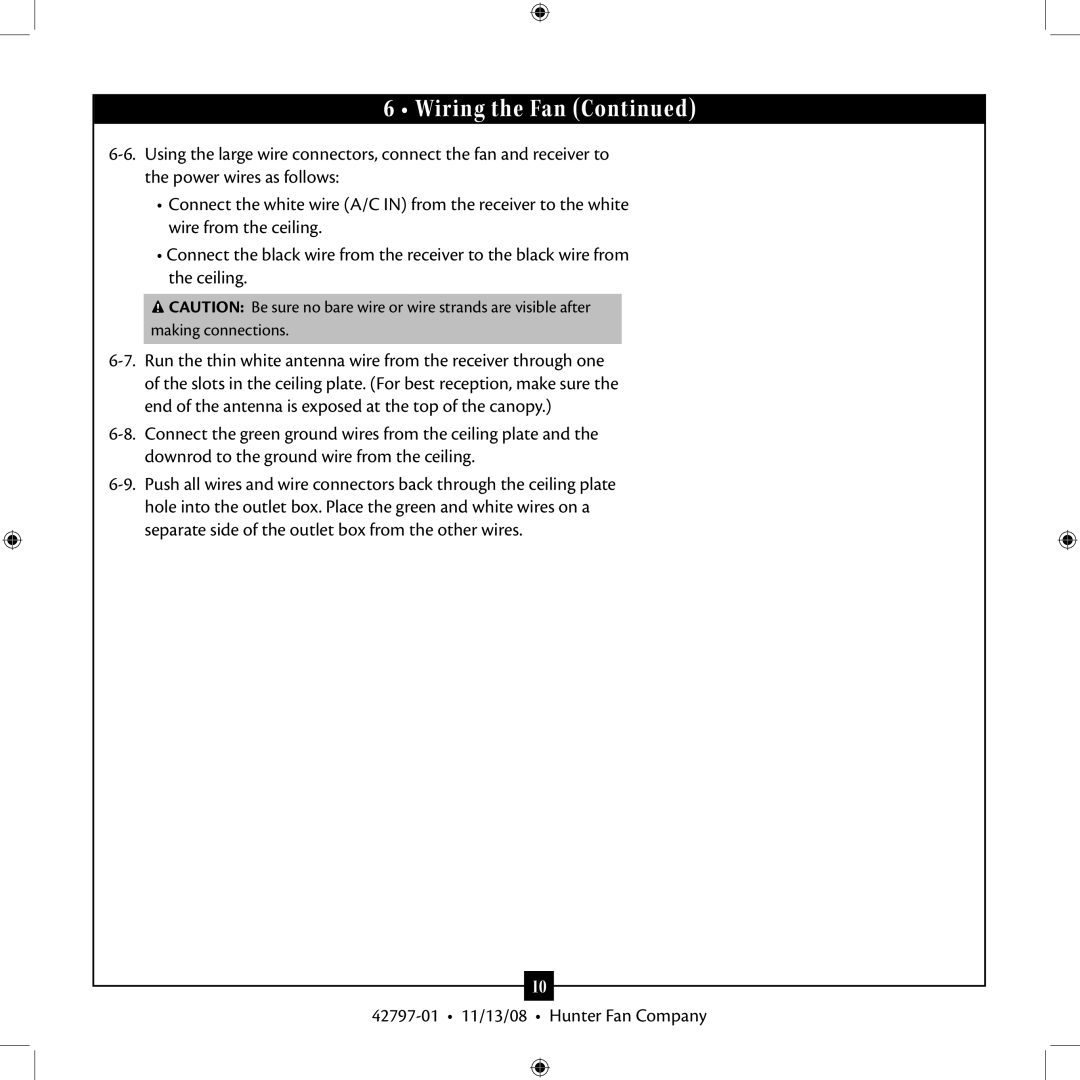 Hunter Fan 42797-01 installation manual Wiring the Fan 