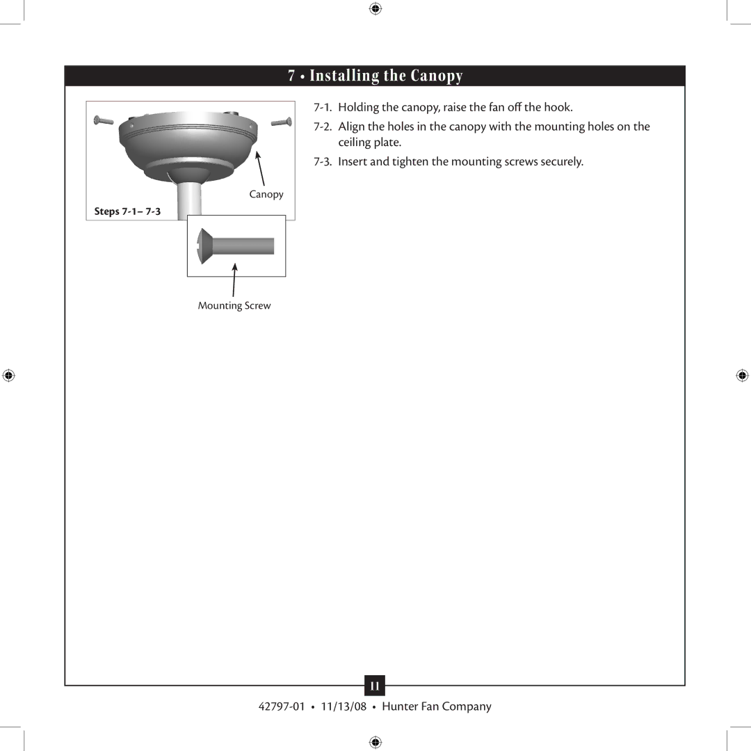 Hunter Fan 42797-01 installation manual Installing the Canopy 