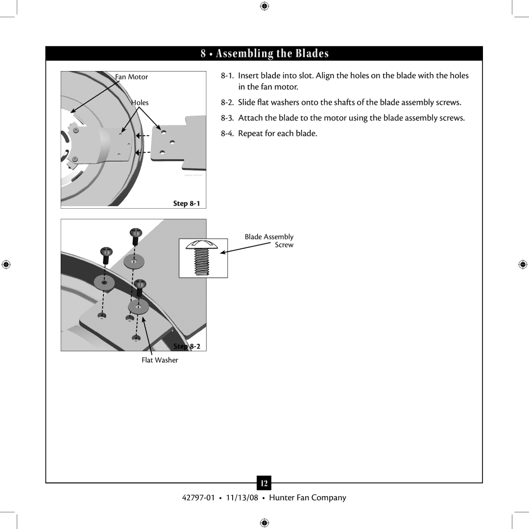 Hunter Fan 42797-01 installation manual Assembling tbe Blades Assembling the Blades 