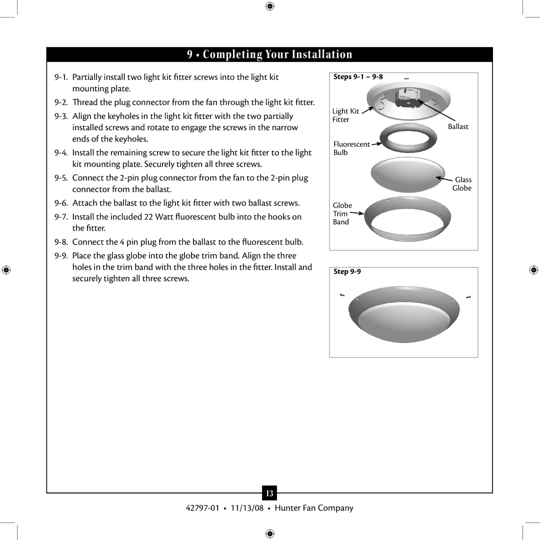 Hunter Fan 42797-01 installation manual Completing Your Installation 