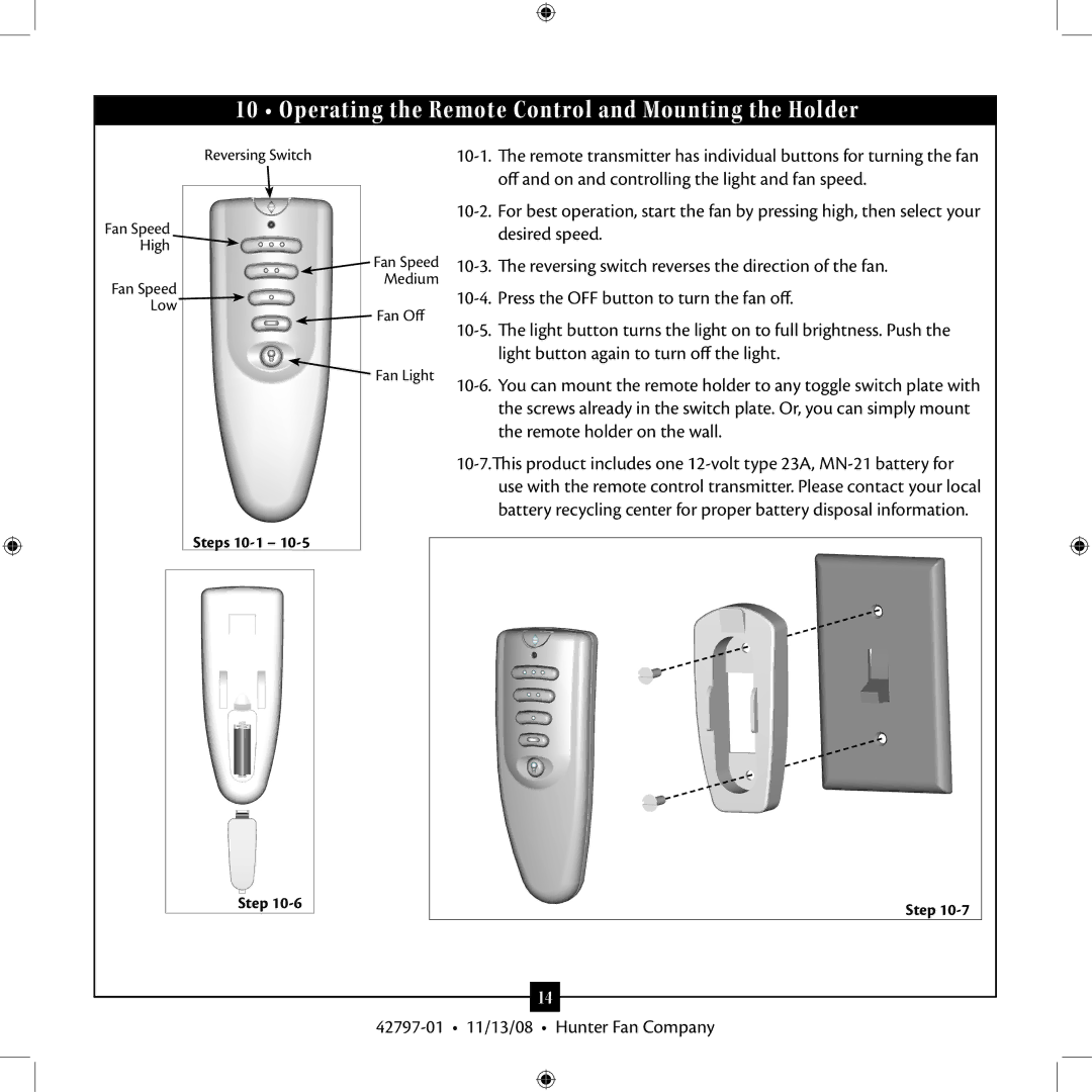 Hunter Fan 42797-01 installation manual Operating the Remote Control and Mounting the Holder 