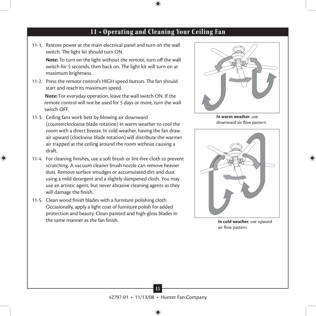 Hunter Fan 42797-01 installation manual Operating and Cleaning Your Ceiling Fan 