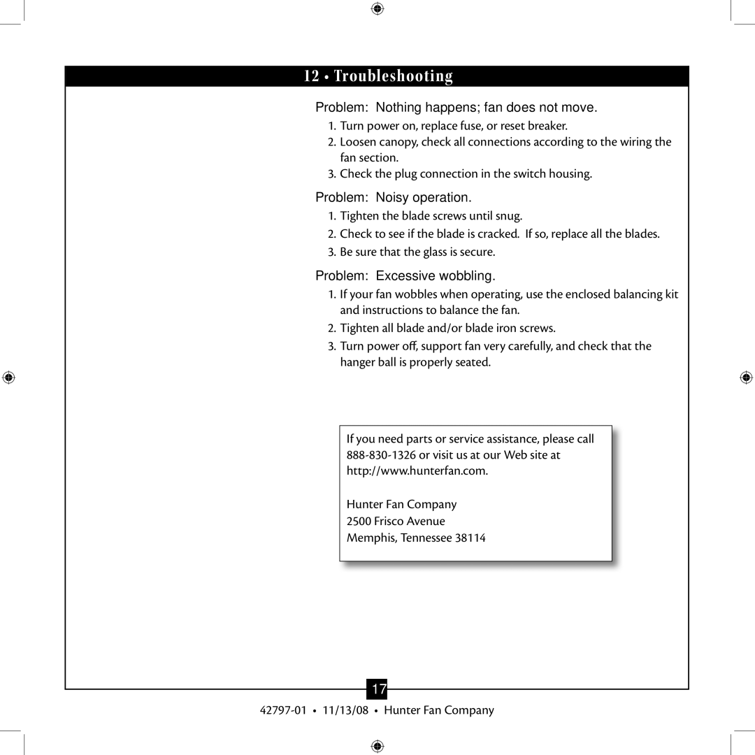 Hunter Fan 42797-01 installation manual Troubleshooting, Problem Nothing happens fan does not move 