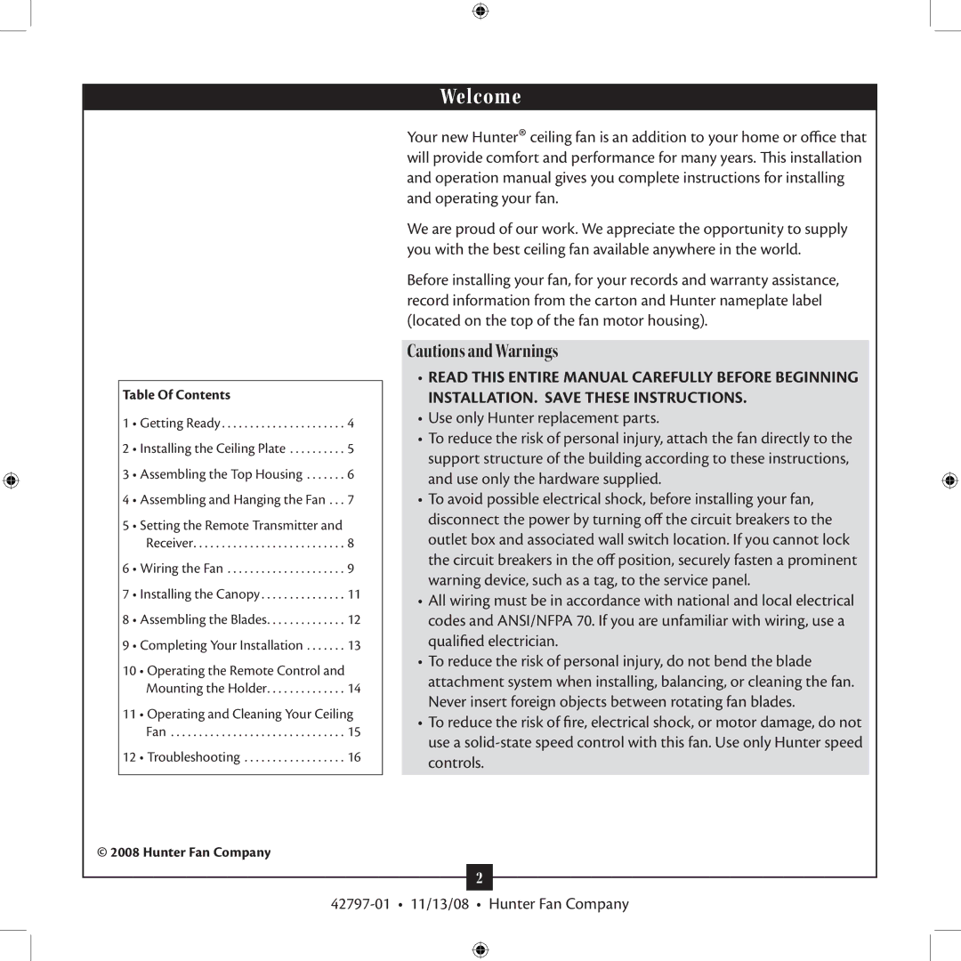 Hunter Fan 42797-01 installation manual Welcome 