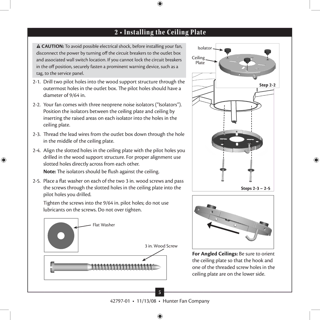 Hunter Fan 42797-01 installation manual Installing the Ceiling Plate 