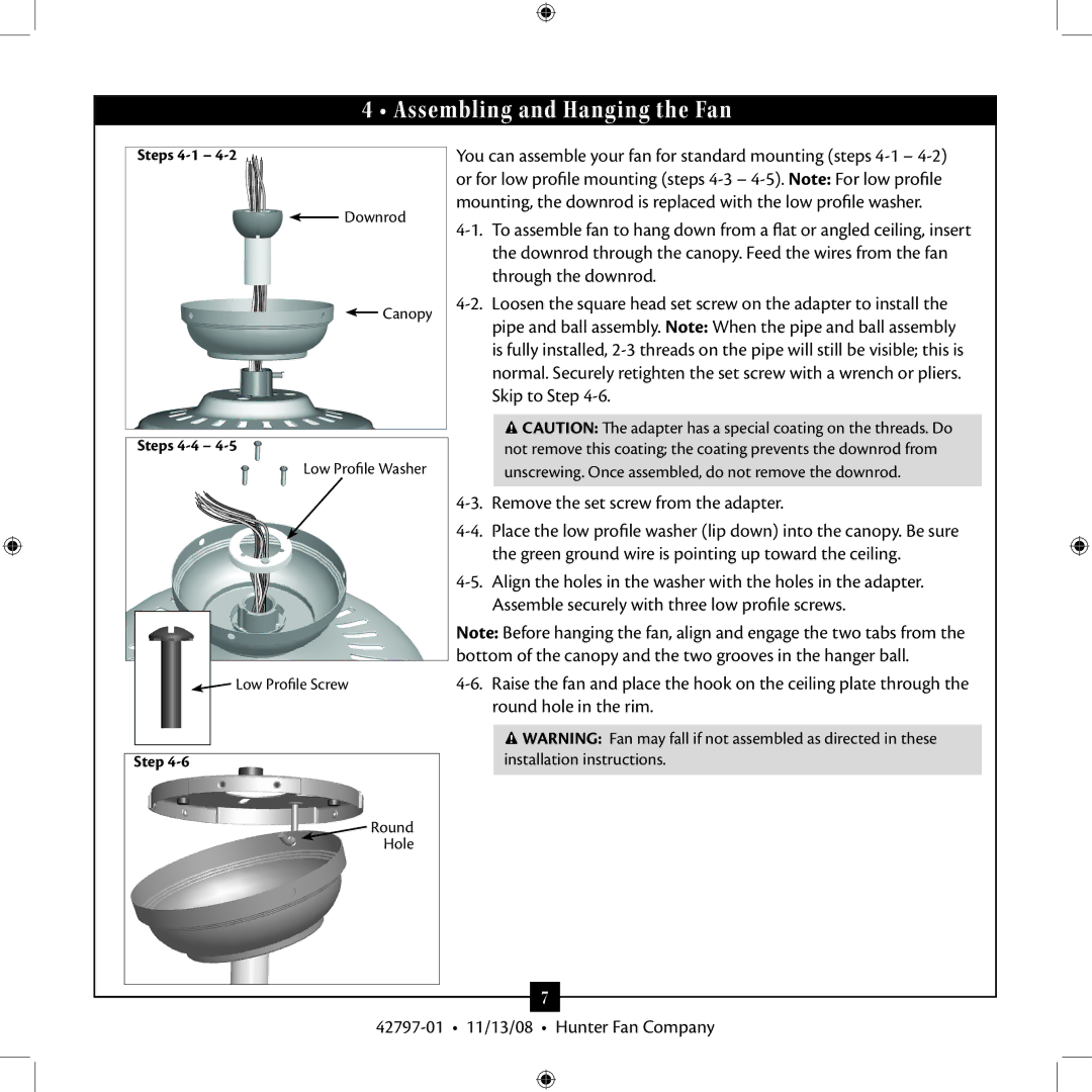 Hunter Fan 42797-01 installation manual Assembling and Hanging the Fan, Steps 4-4 