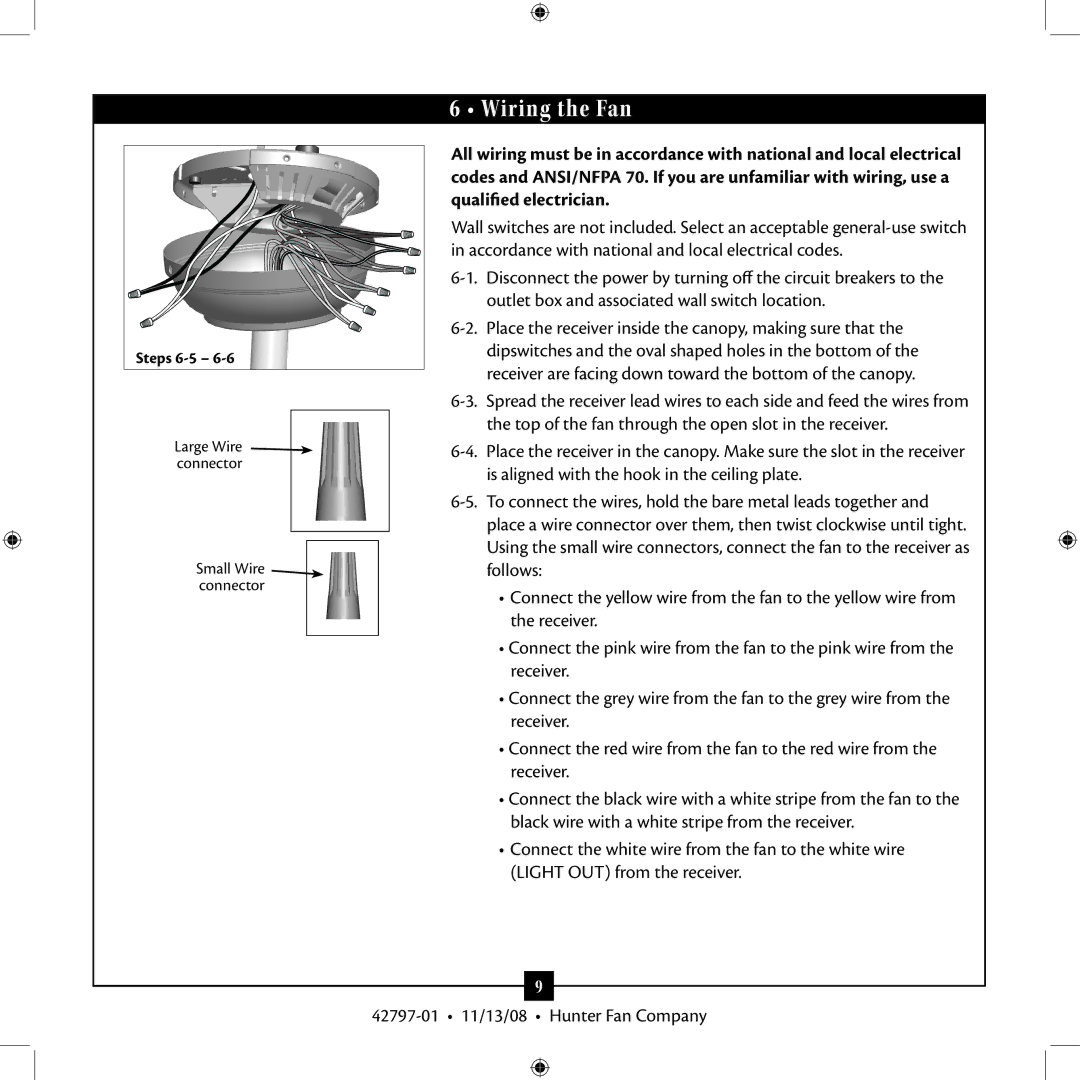 Hunter Fan 42797-01 installation manual Wiring the Fan 