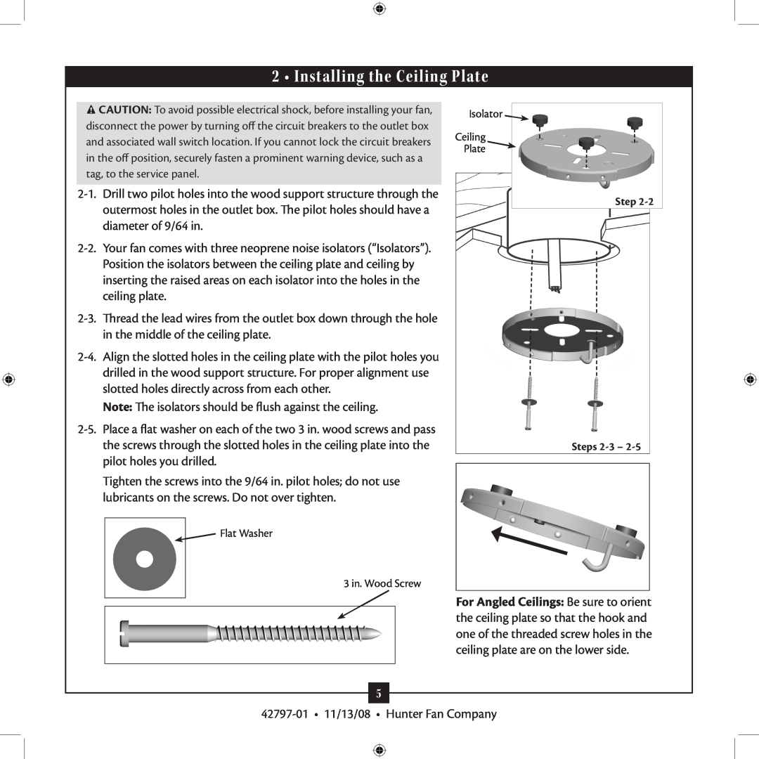 Hunter Fan 42797-01 installation manual Installing the Ceiling Plate 