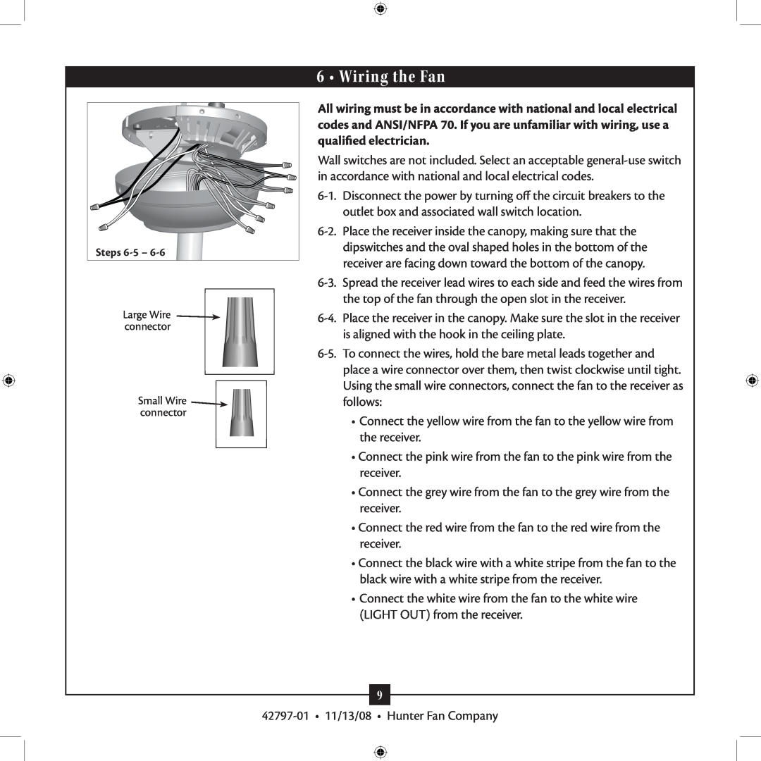 Hunter Fan 42797-01 installation manual Wiring the Fan 
