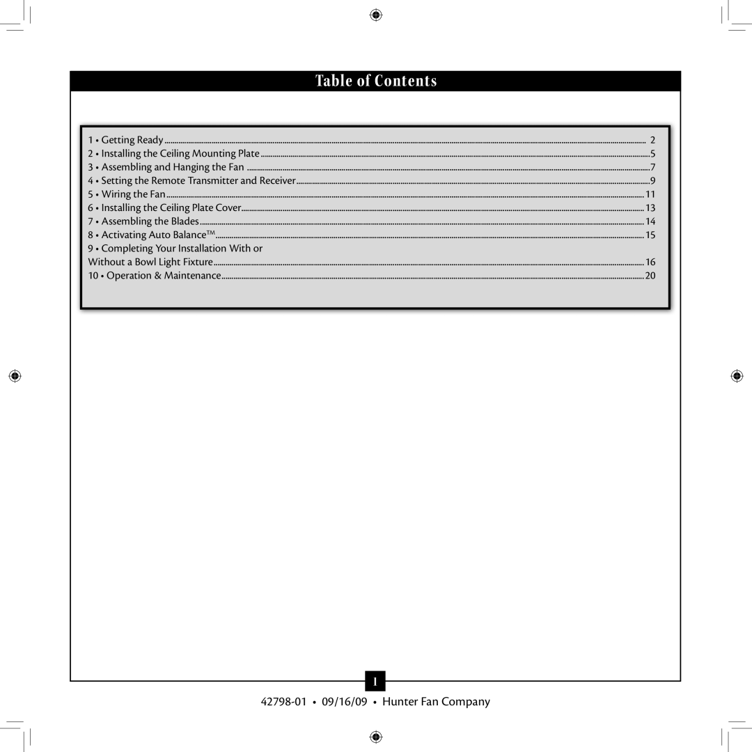 Hunter Fan 42798-01 manual Table of Contents 