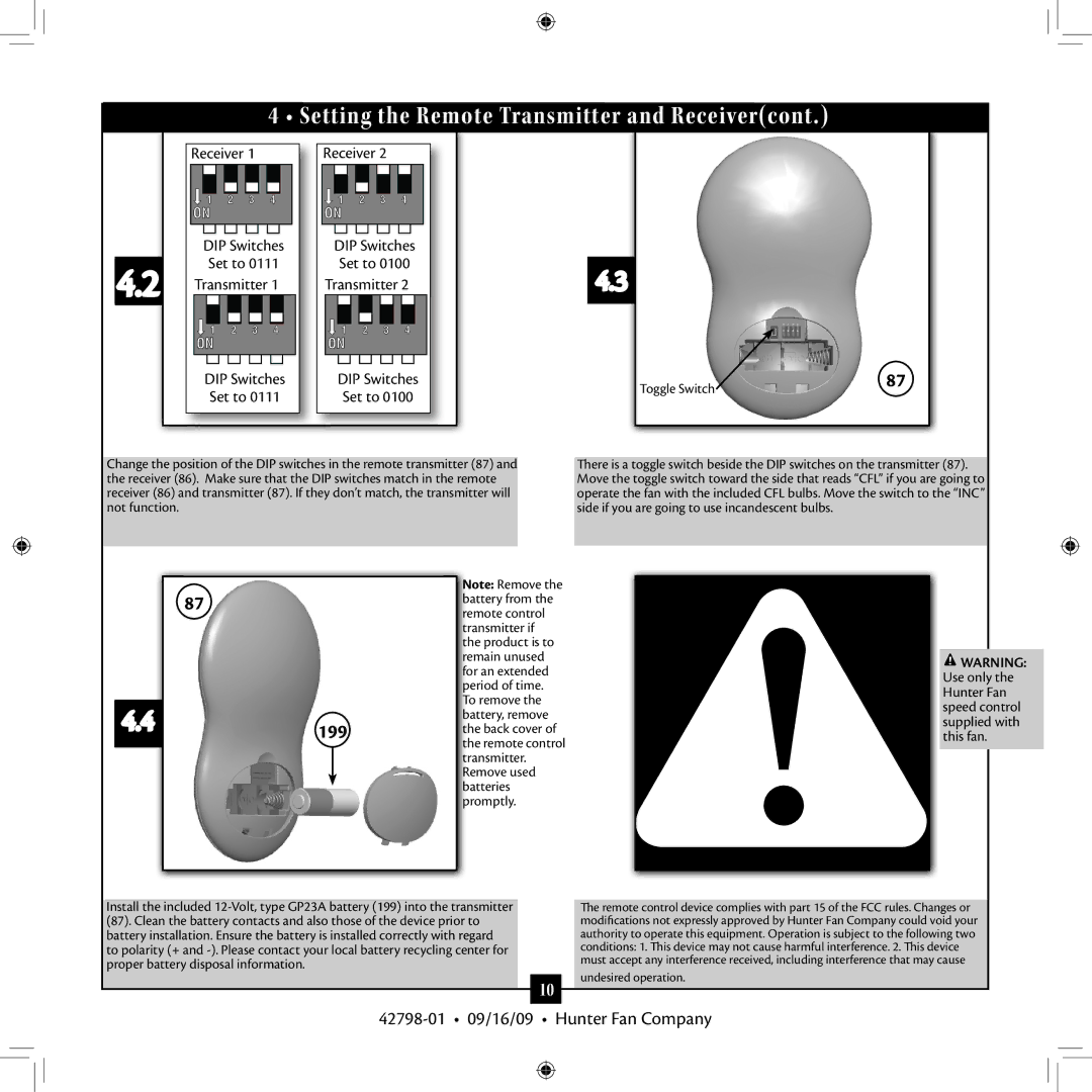 Hunter Fan 42798-01 manual Setting the Remote Transmitter and Receivercont, Set to 