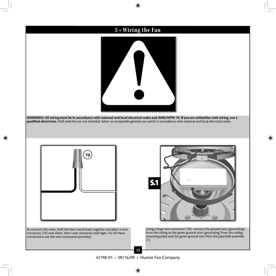 Hunter Fan 42798-01 manual Wiring the Fan 