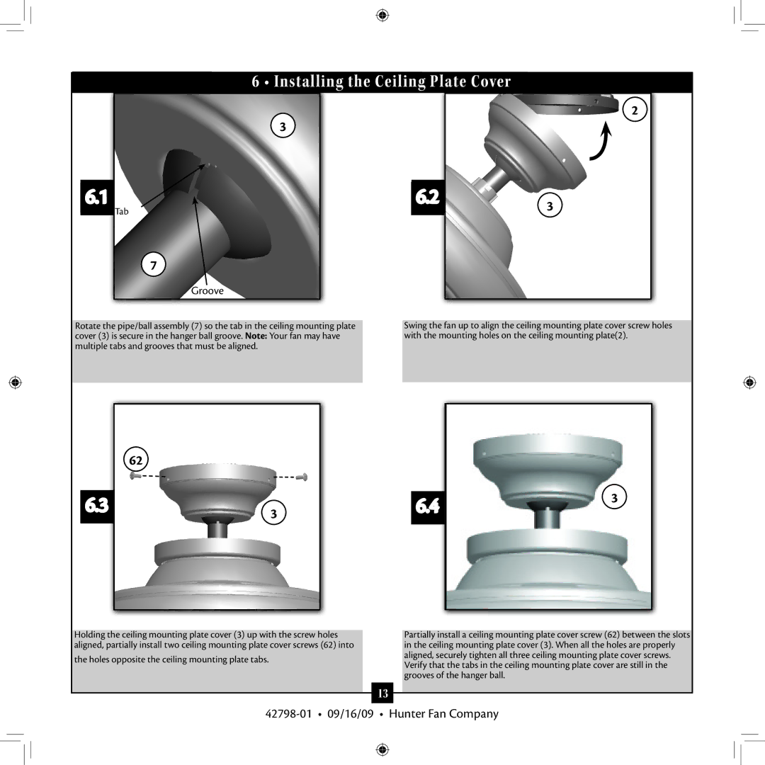 Hunter Fan 42798-01 manual Installing the Ceiling Plate Cover, Tab, Holes opposite the ceiling mounting plate tabs 