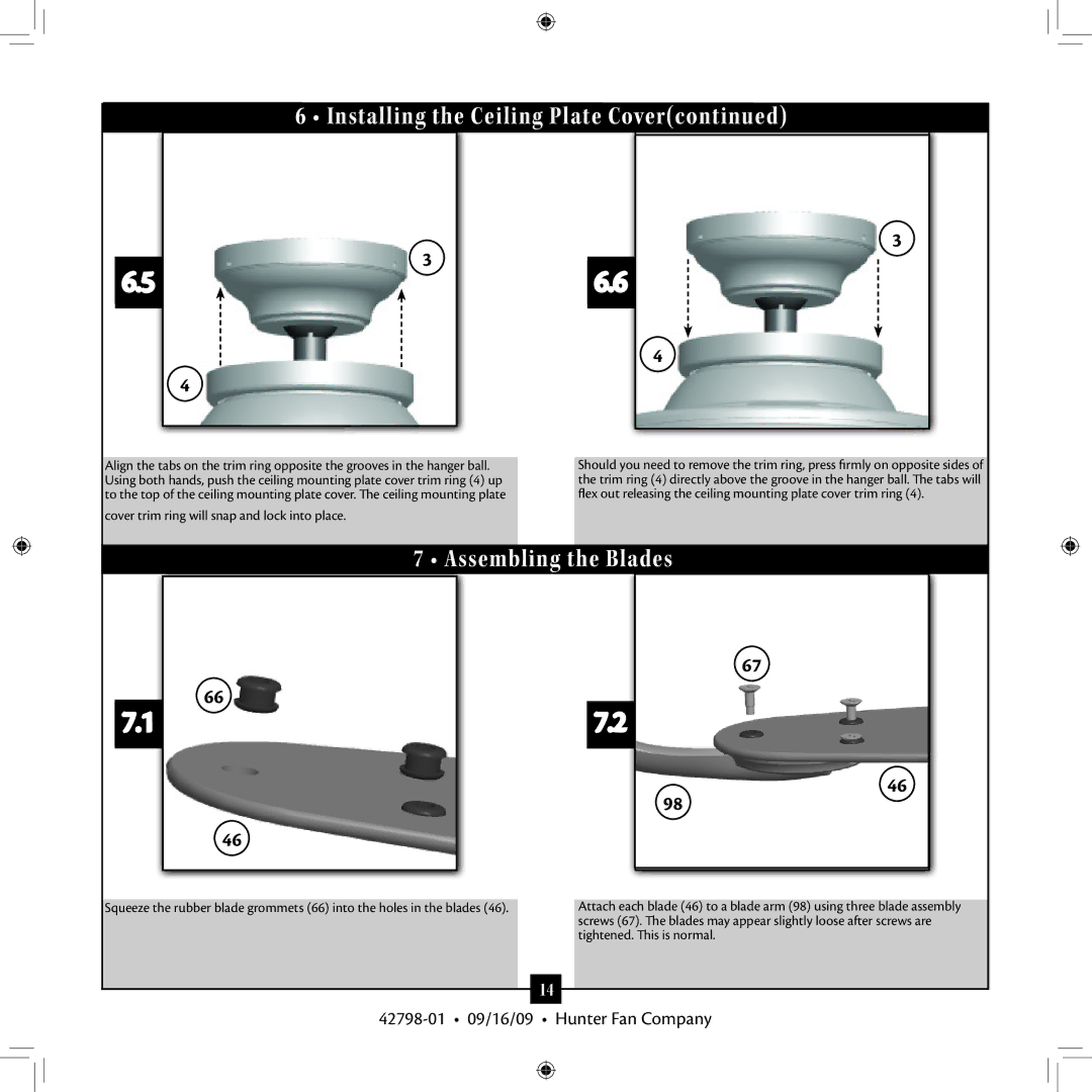 Hunter Fan 42798-01 manual Assembling the Blades, Cover trim ring will snap and lock into place 