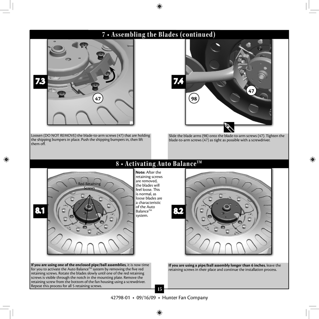 Hunter Fan 42798-01 manual Activating Auto BalanceTM, Red Retaining Screws BalanceTM8.2 system 