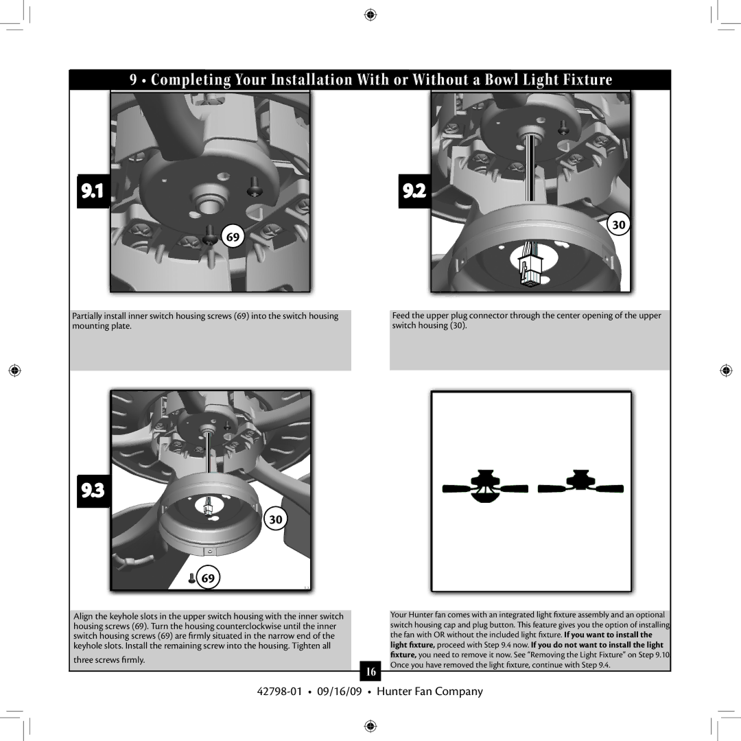 Hunter Fan 42798-01 manual Three screws firmly 