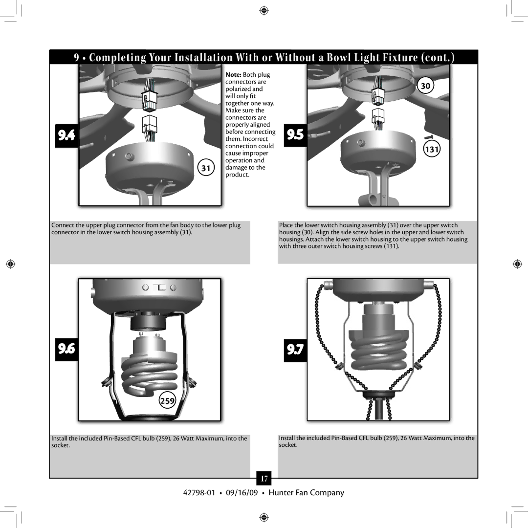 Hunter Fan 42798-01 Connectors are Polarized Will only fit, Make sure Connectors are Properly aligned, Them. Incorrect 