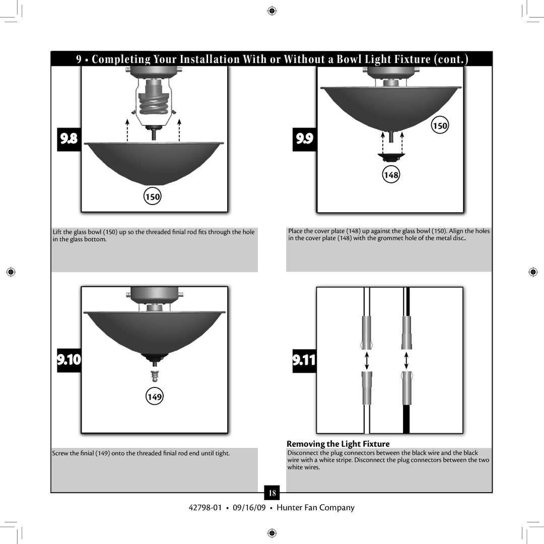 Hunter Fan 42798-01 manual 150, Removing the Light Fixture 