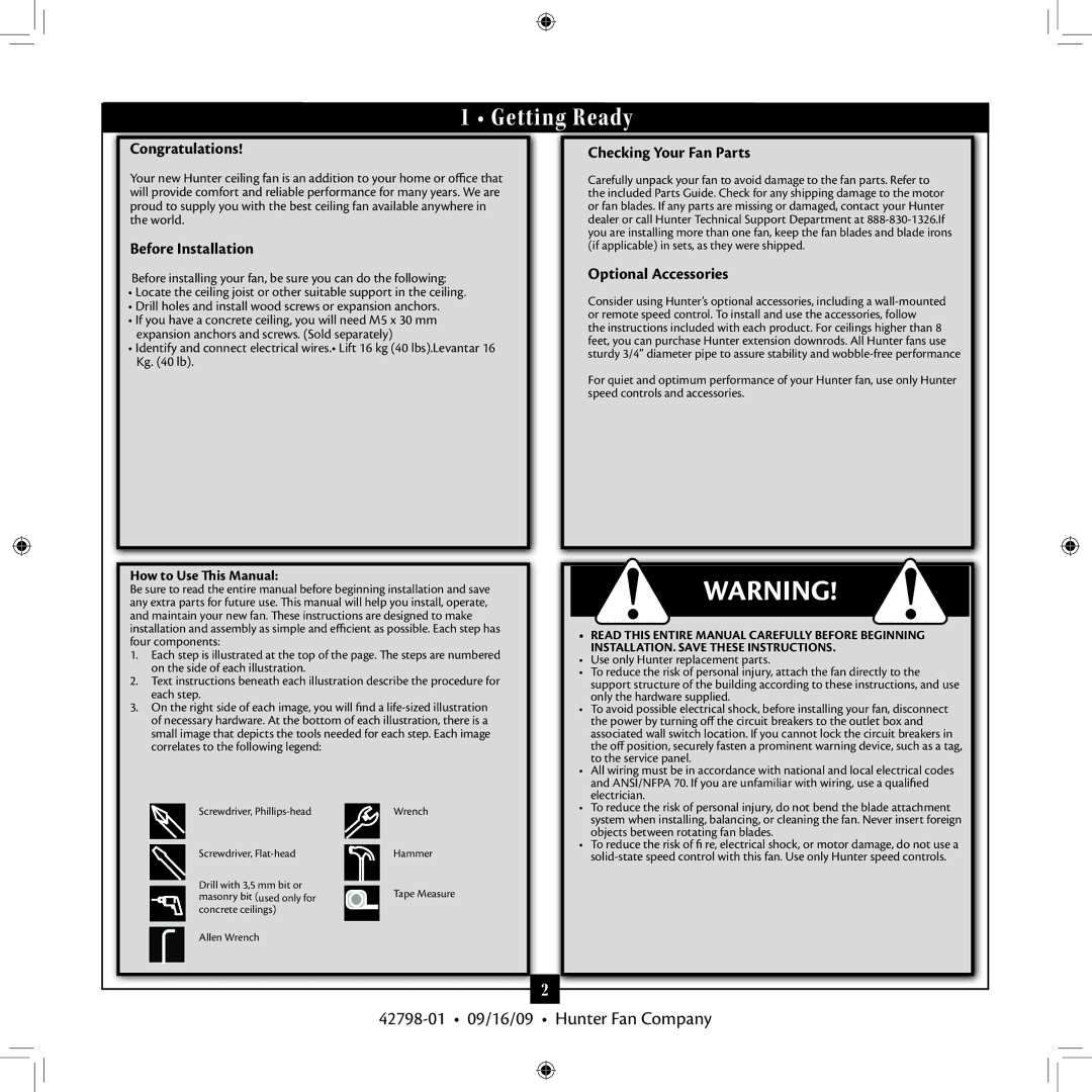 Hunter Fan 42798-01 Getting Ready, Congratulations, Before Installation, Checking Your Fan Parts, Optional Accessories 