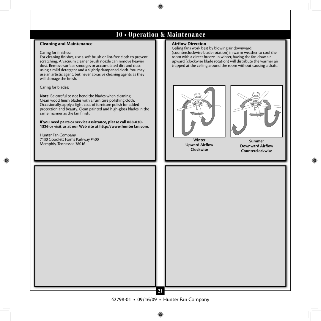 Hunter Fan 42798-01 manual Operation & Maintenance, Cleaning and Maintenance, Airflow Direction, Caring for finishes 