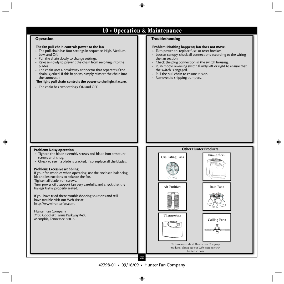 Hunter Fan 42798-01 manual Operation, Troubleshooting, Chain has two settings on and OFF 