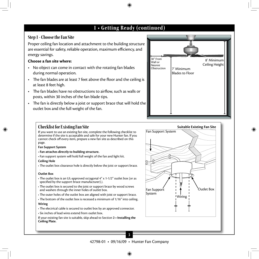 Hunter Fan 42798-01 Choose a fan site where, Suitable Existing Fan Site, Six inches of lead wires extend from outlet box 