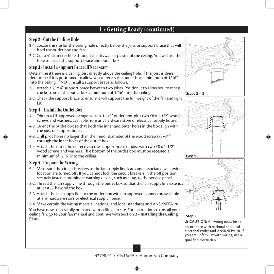 Hunter Fan 42798-01 manual Plate, Step, Accordance with national and local 