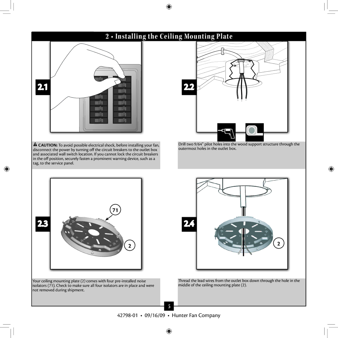 Hunter Fan 42798-01 manual Installing the Ceiling Mounting Plate 