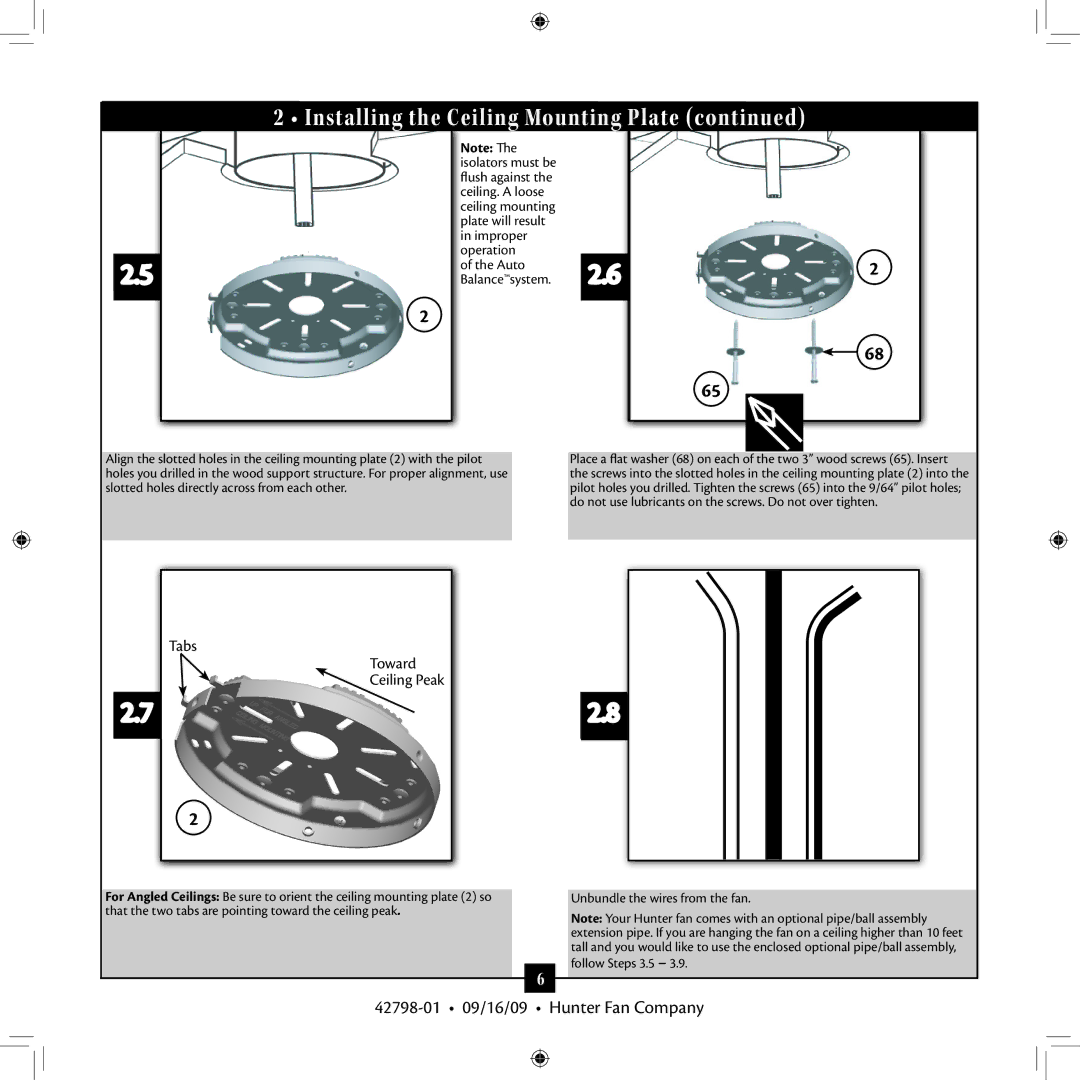 Hunter Fan 42798-01 manual Ceiling. a loose, Plate will result Improper Operation Auto, Unbundle the wires from the fan 