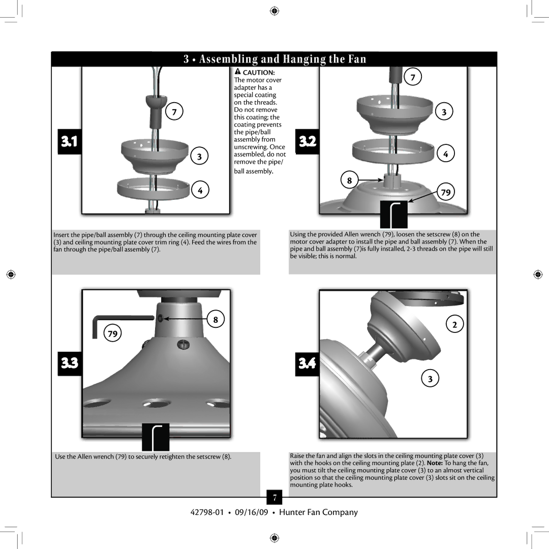 Hunter Fan 42798-01 manual Assembling and Hanging the Fan, Motor cover, Remove the pipe Ball assembly 