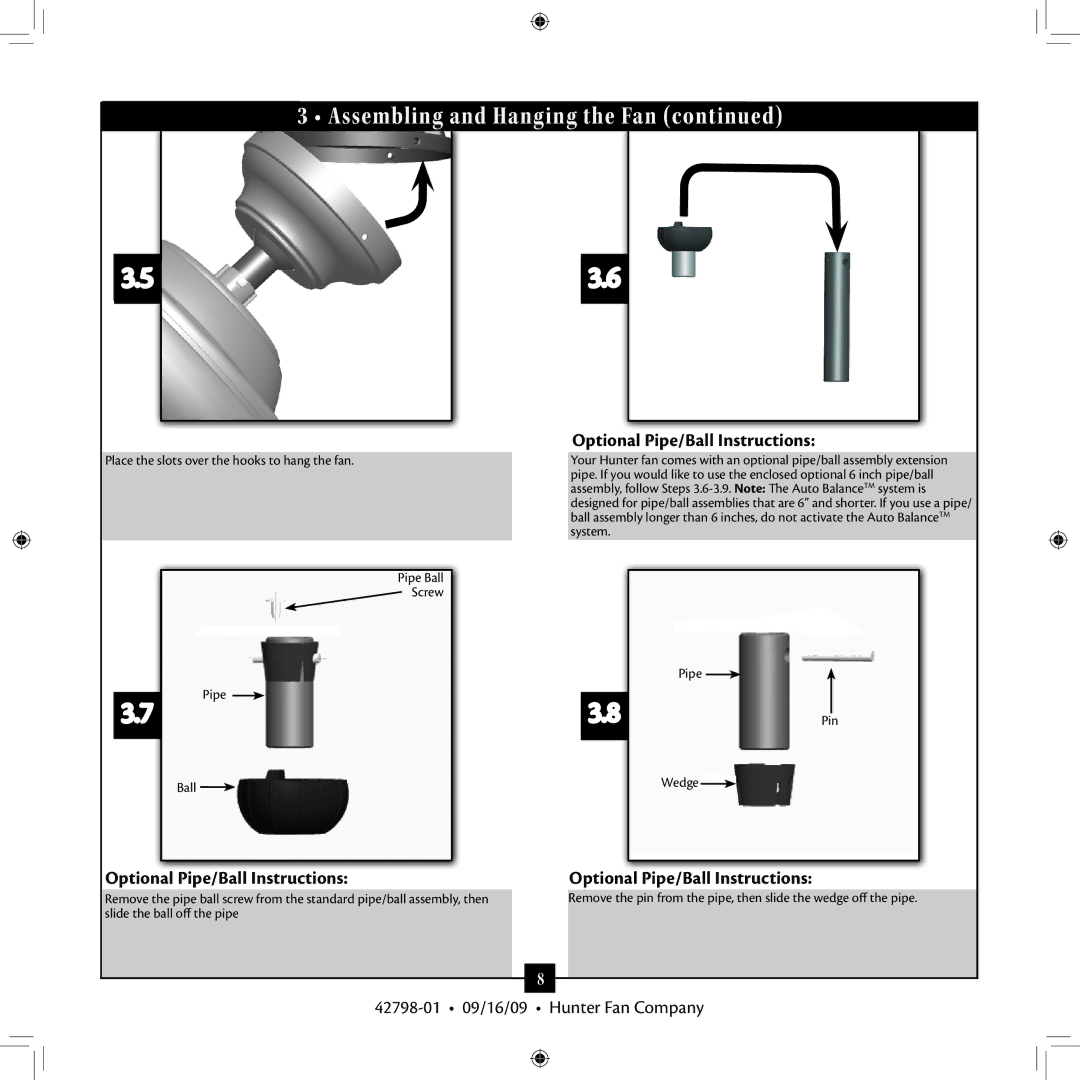 Hunter Fan 42798-01 manual Optional Pipe/Ball Instructions, Ball Wedge 