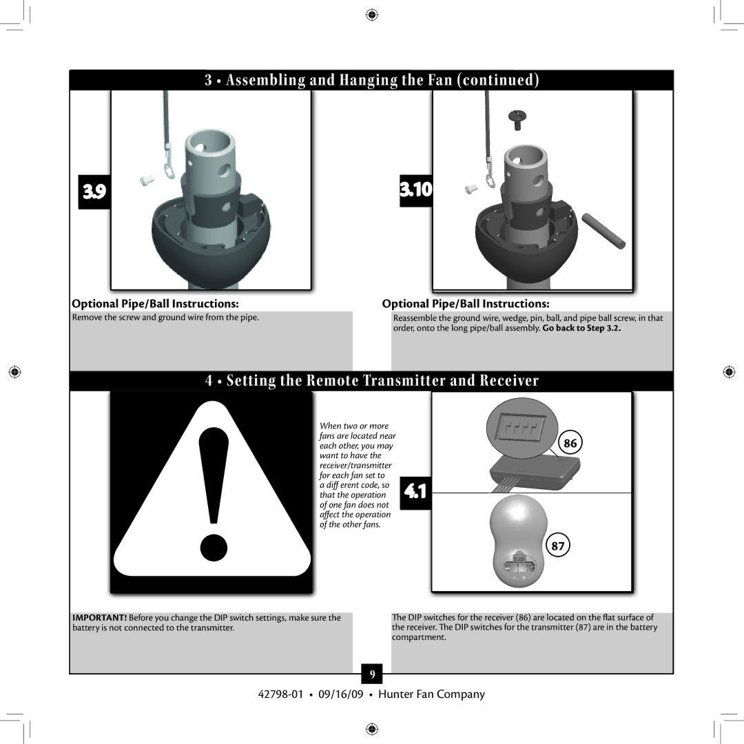 Hunter Fan 42798-01 manual Setting tthe Remote Transsmitter aand Receiver, Optional Pipe/Ball Instructions 