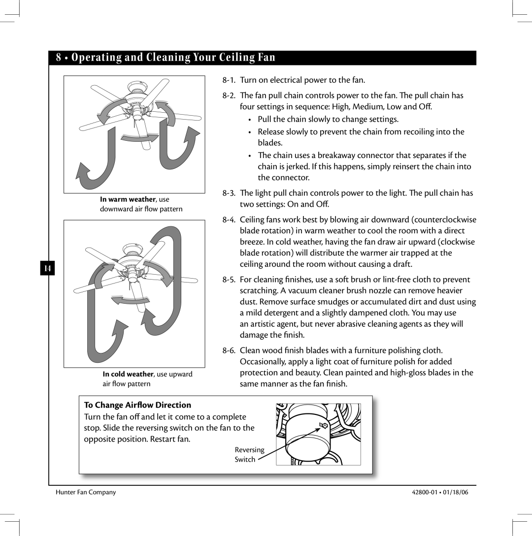 Hunter Fan 42800-01 warranty Operating and Cleaning Your Ceiling Fan, To Change Airflow Direction 