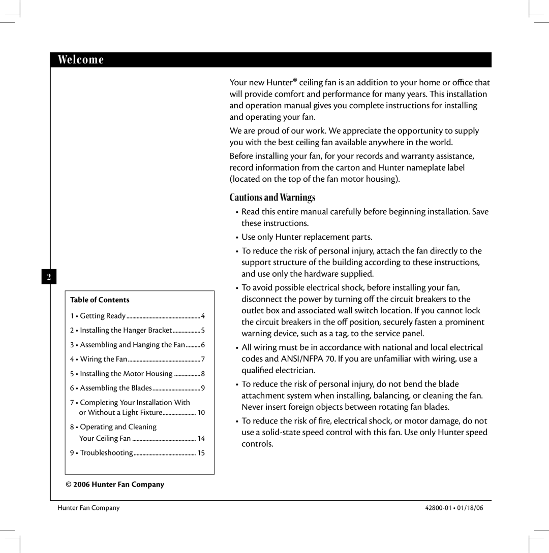Hunter Fan 42800-01 warranty Welcome, Table of Contents, Hunter Fan Company 
