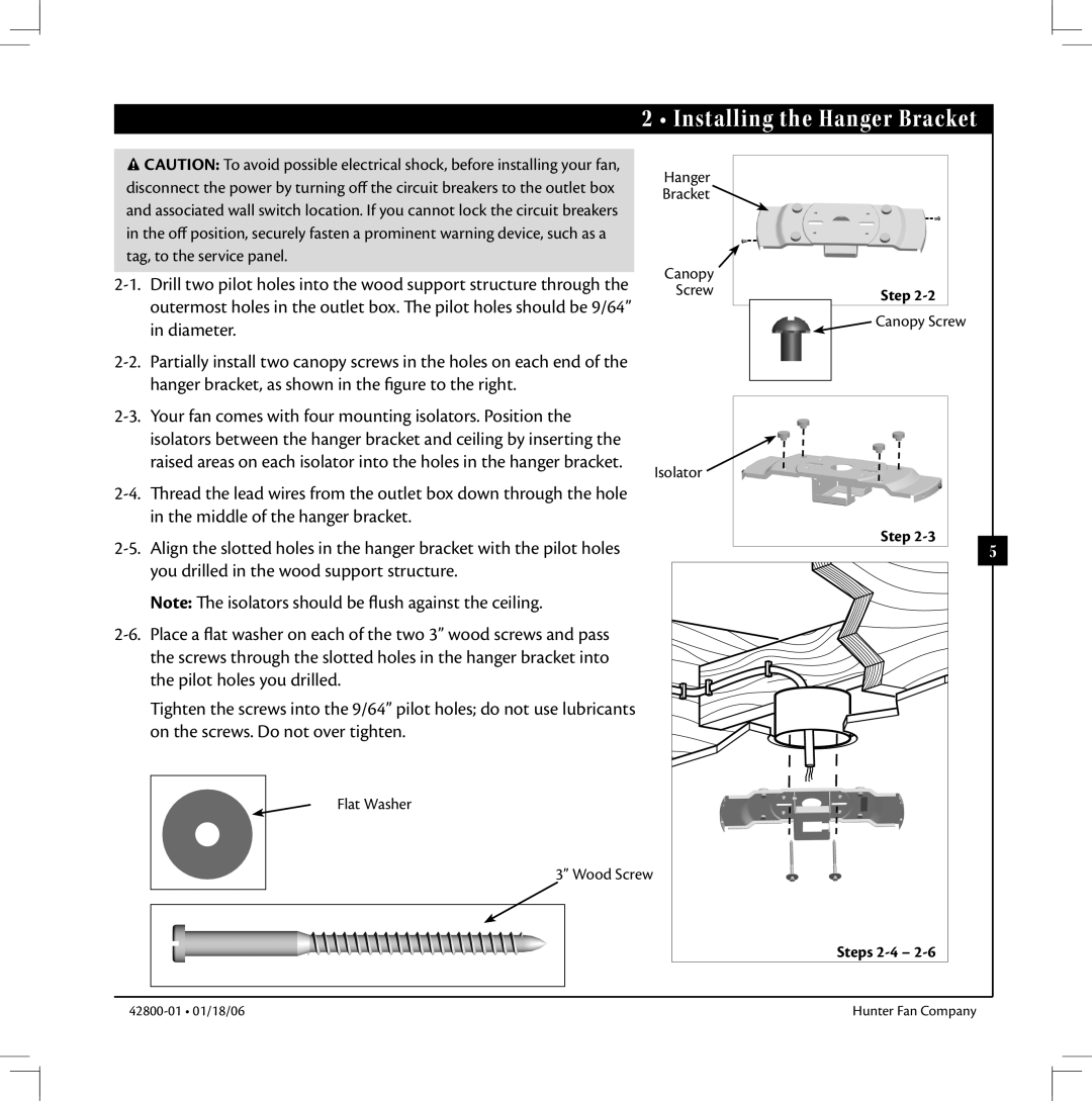 Hunter Fan 42800-01 warranty Installing the Hanger Bracket, Your fan comes with four mounting isolators. Position 