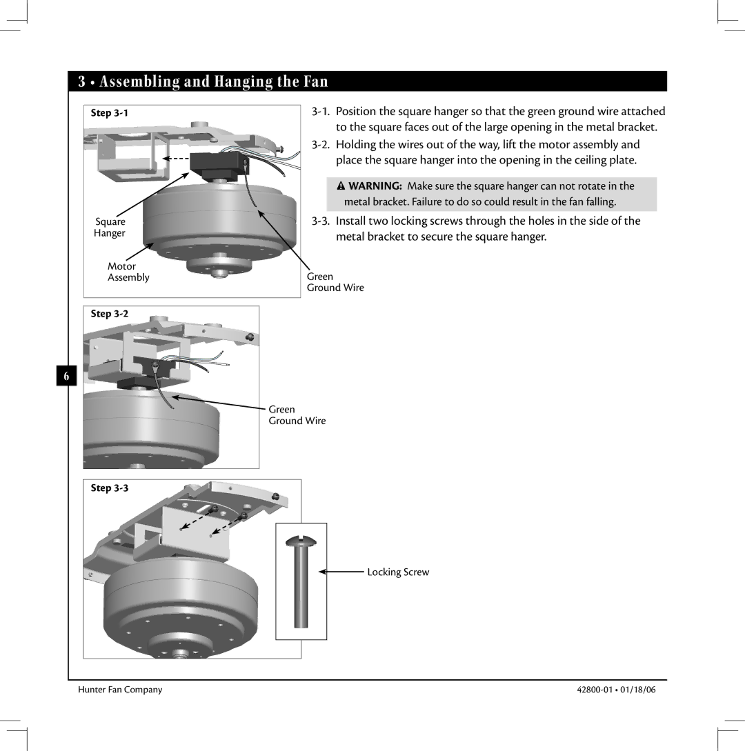 Hunter Fan 42800-01 warranty Assembling and Hanging the Fan 