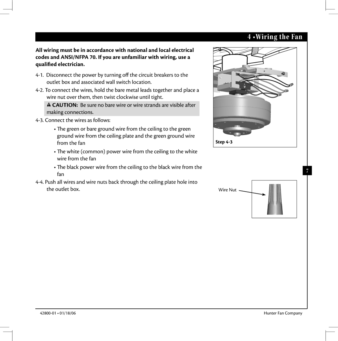 Hunter Fan 42800-01 warranty Wiring the Fan 