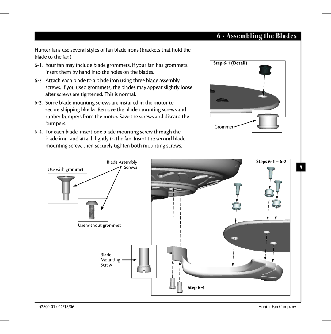 Hunter Fan 42800-01 warranty Assembling the Blades, Detail, Steps 6-1 